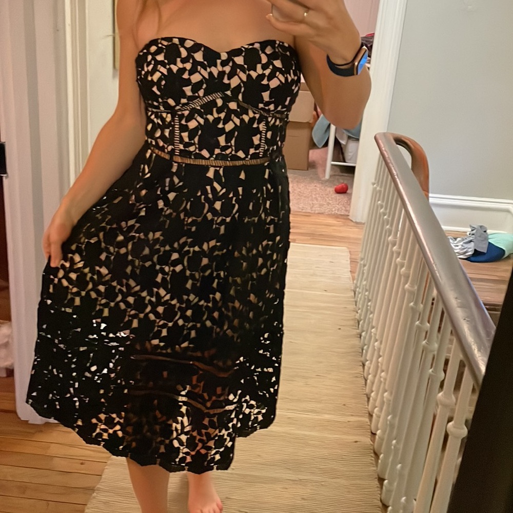 Just Me - black midi appliqué/lace dress